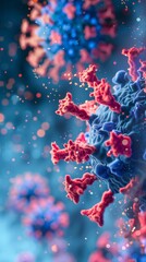 Close Up View Of A Coronavirus Particle In Blue And Red Hues