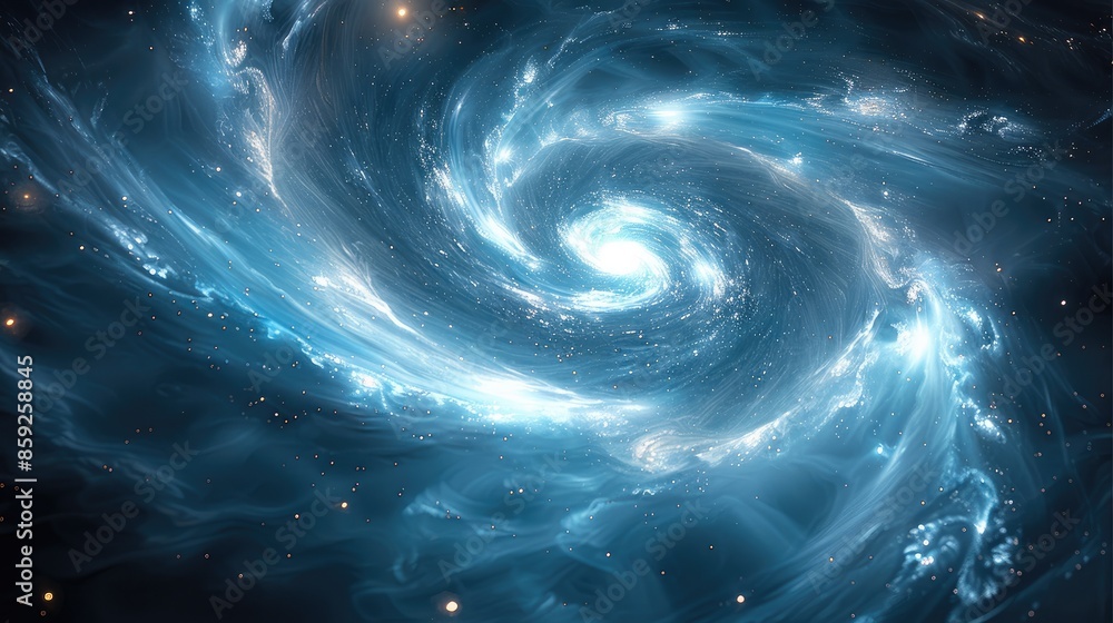 Poster a blue and white swirl of light, with the center being a bright star in space. the background is dar