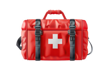 Red first aid kit bag with a white cross symbol, essential for emergency medical situations and outdoor adventures.