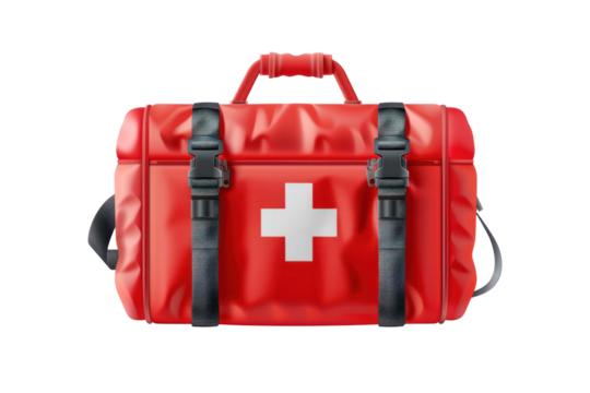 Red first aid kit bag with a white cross symbol, essential for emergency medical situations and outdoor adventures.