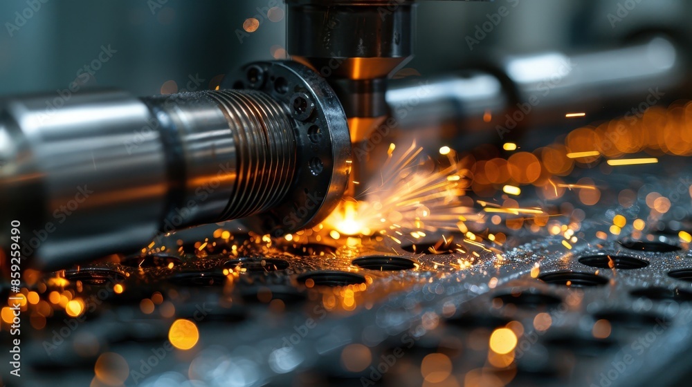 Poster close-up of a metalworking machine in operation with bright sparks flying, showcasing industrial man