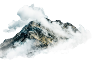 Majestic mountain peak shrouded in clouds, capturing nature's raw beauty and the serene atmosphere of high altitudes.