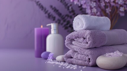 Spa theme with towel and soap on purple background