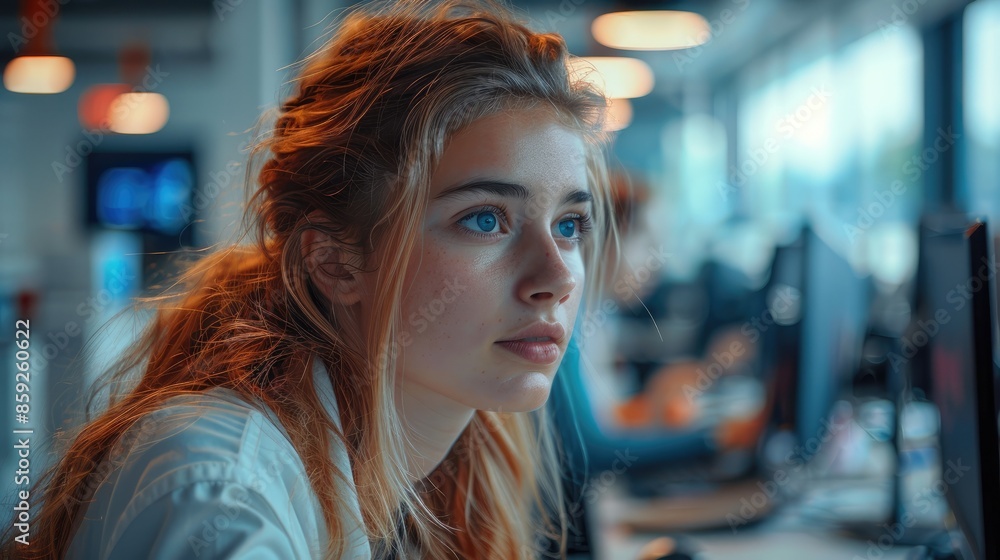 Poster women working at technology program in office. generative ai.