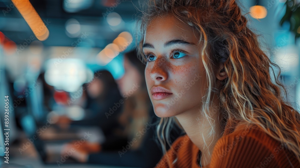 Poster women working at technology program in office. generative ai.