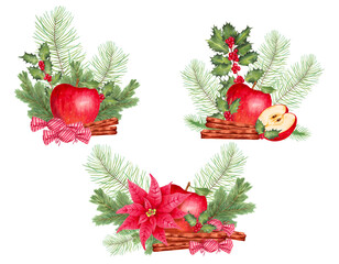 Christmas arrangement of red apple with fir branches, holly berries, poinsettia flower and cinnamon candies. Illustration with watercolor and marker. Decor for the New Year. Hand drawn isolated art