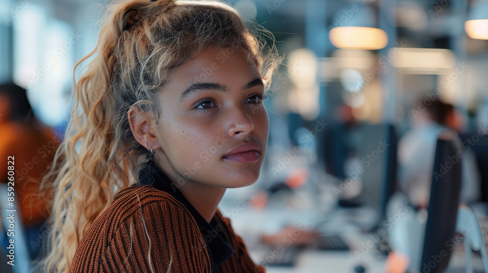 Poster Women working at technology program in office. Generative AI.
