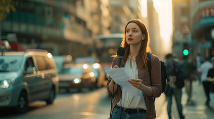 Fototapeta premium Young female journalist in live broadcast action in the middle of a busy city street, traffic background, Ai generated Images