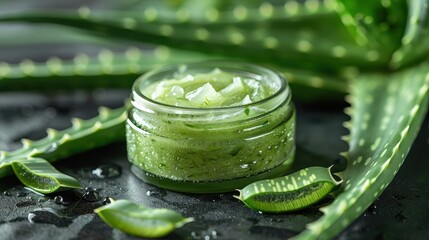 A small jar containing fresh aloe vera gel is placed on a table surrounded by green aloe leaves, showcasing its natural and healing properties. Great for eco-friendly product promotions.