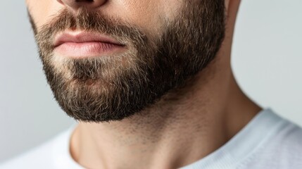 Obraz premium Close-up of a man's face focusing on his beard and lower lip area. The beard is well-groomed with a mix of dark and grey hair, and the man is wearing a white crew neck t-shirt