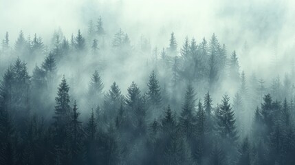Misty morning in a pine forest, creating a mysterious atmosphere ideal for text integration.