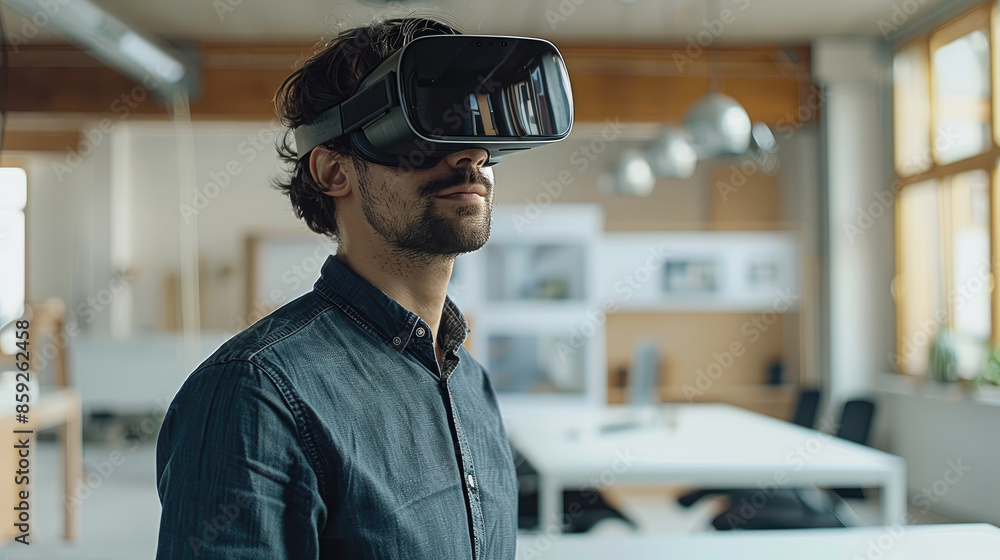 Aufkleber A young architect in a modern office, wearing VR headset and presenting his new project by a table with a house layout. Generative AI.
