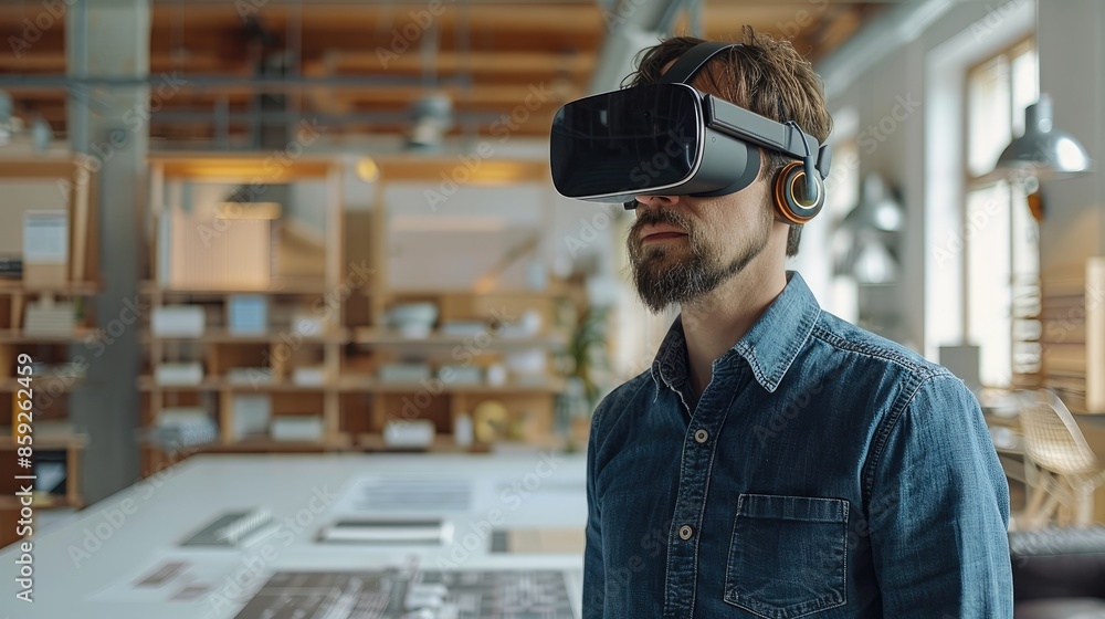 Aufkleber a young architect in a modern office, wearing vr headset and presenting his new project by a table w