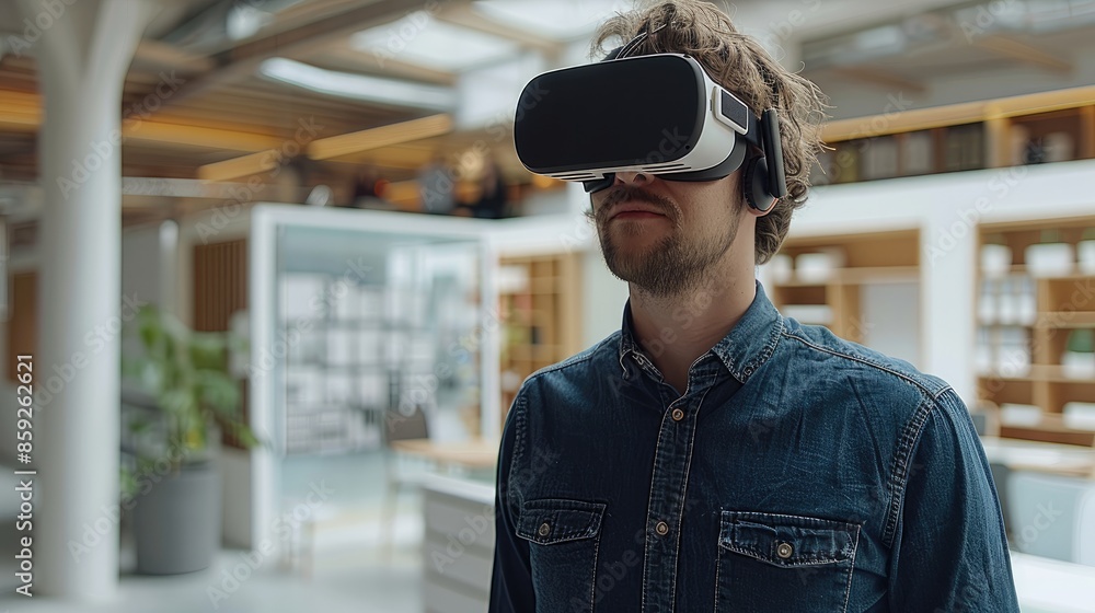 Poster a young architect in a modern office, wearing vr headset and presenting his new project by a table w
