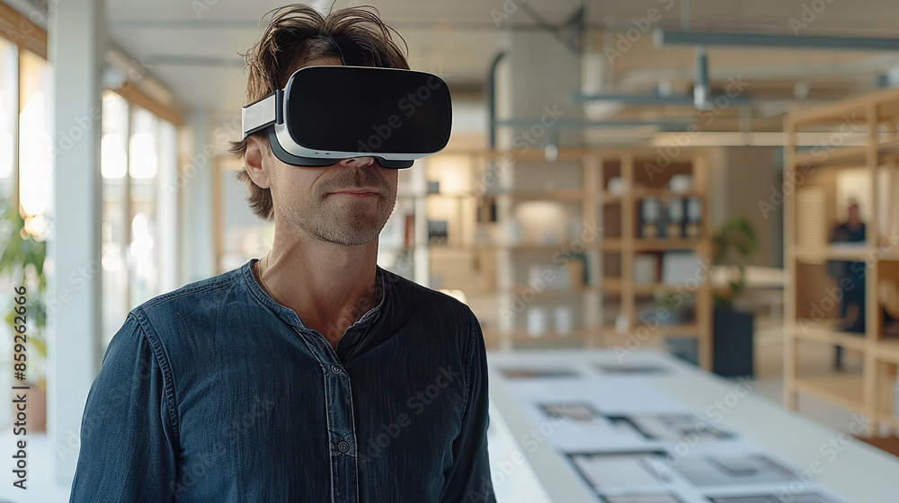 Aufkleber a young architect in a modern office, wearing vr headset and presenting his new project by a table w