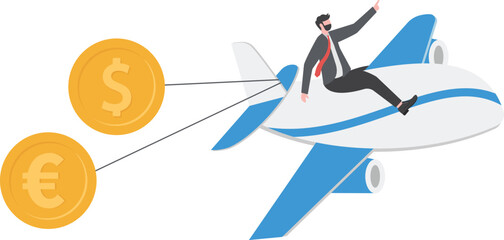 businessman flying a plane have money, dollar and euro

