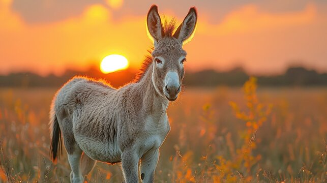 A donkey stands in a sunny field, lit by the warm light of a sunset, evoking feelings of tranquility and nature's simplicity amidst a rural setting.
