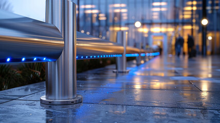 Obraz premium Modern urban building exterior with stainless steel pillars and blue lights