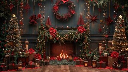 Fototapeta premium Backdrop design, fancy Christmas stage, a dark wall with a big dark fireplace on its front, there are vintage red lanterns, lots of grass garlands, red ribbons, bokeh lights. Generative AI.
