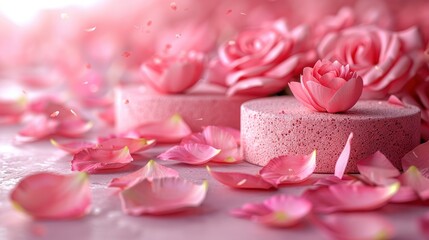 Fototapeta premium Two pink textured cakes are impeccably decorated with vibrant, pink roses and surrounded by scattered petals, creating an aesthetic symphony of love and beauty.