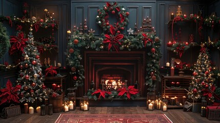Backdrop design, fancy Christmas stage, a dark wall with a big dark fireplace on its front, there are vintage red lanterns, lots of grass garlands, red ribbons, bokeh lights. Generative AI.