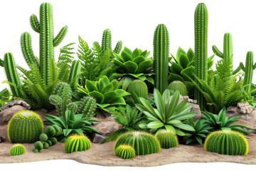 Obraz premium Desert Oasis, Various Cacti and Succulents in Sandy Terrain, Lush Green Foliage on a transparent background. Generative AI
