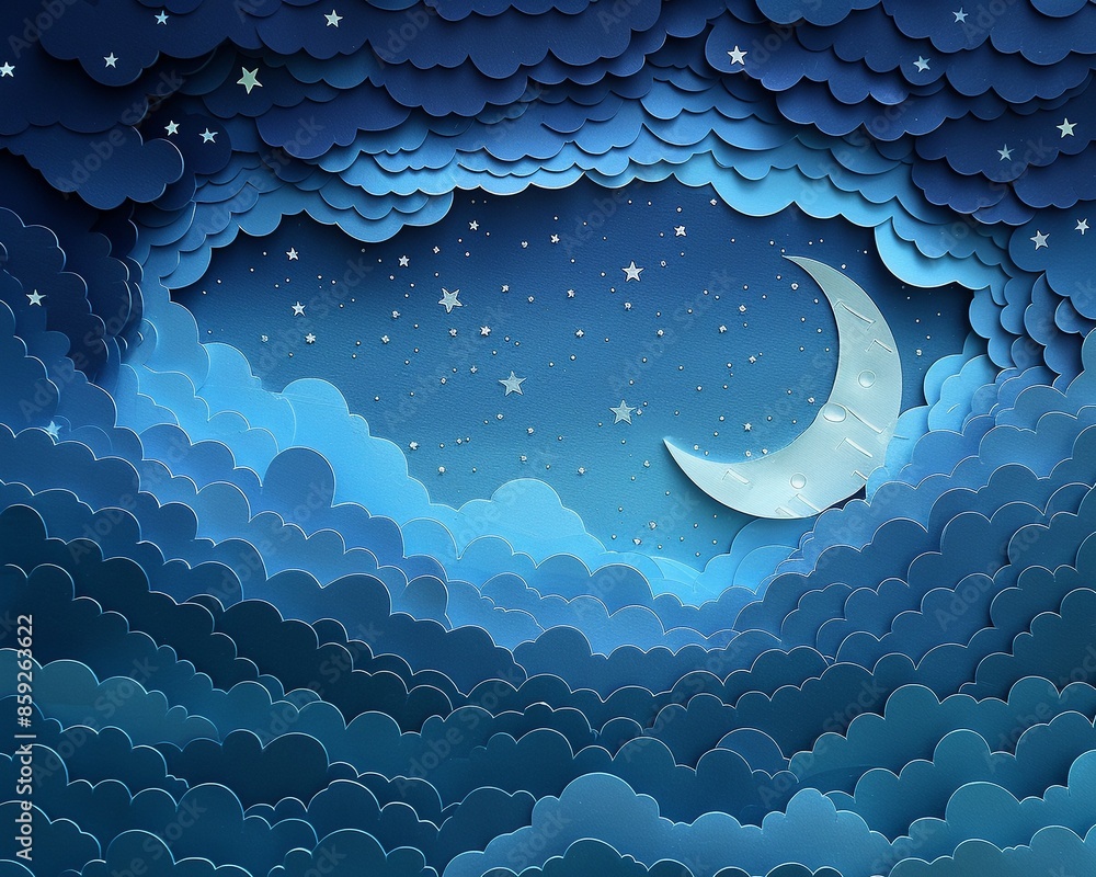 Wall mural a serene night sky scene with a crescent moon and twinkling stars, crafted in 3d papercut style, fea