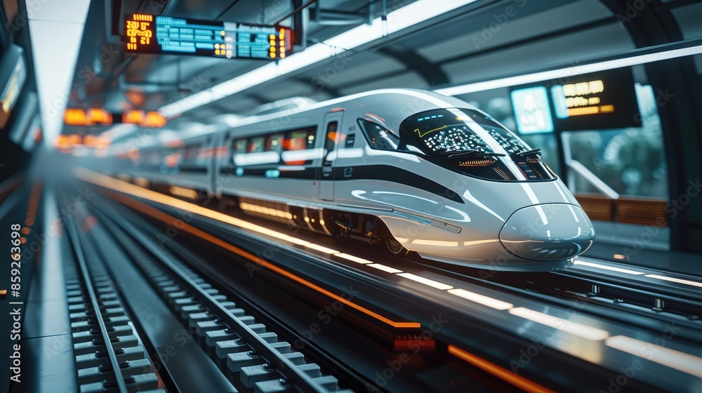 Poster a bullet train, modern commuter train inside the railway station. generative ai.