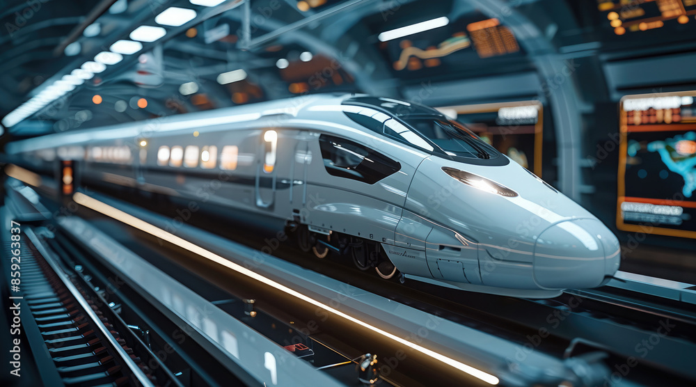 Poster a bullet train, modern commuter train inside the railway station. generative ai.