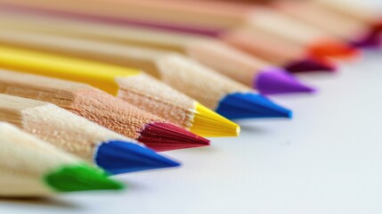 Color vibrant pencils on white surface Educational and academic idea Close view Text area available