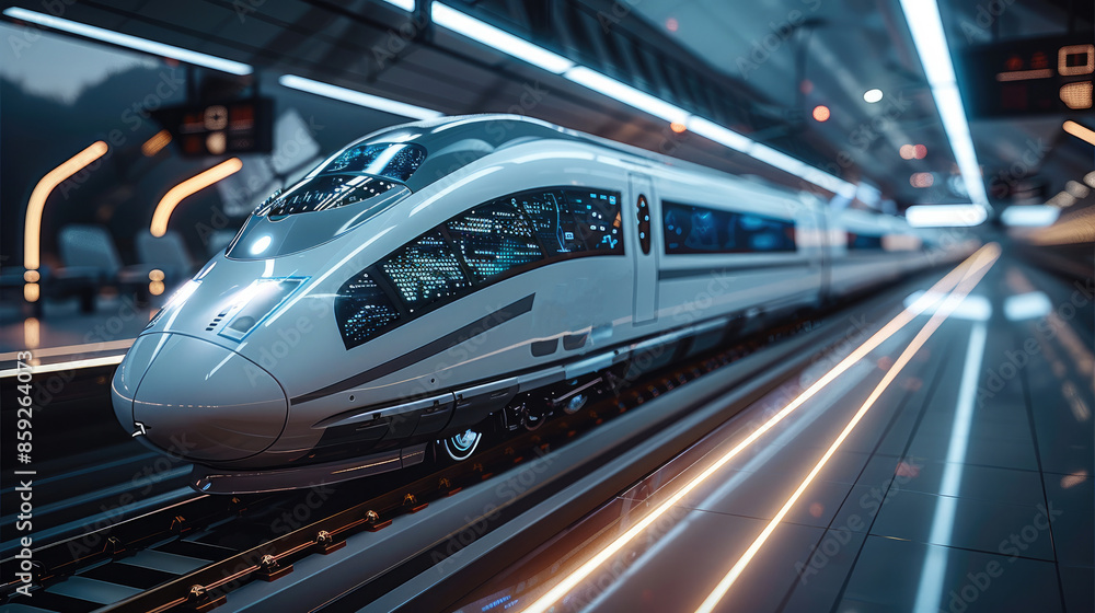 Poster a bullet train, modern commuter train inside the railway station. generative ai.