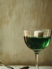 Glass of green absinthe with a sugar cube on top.