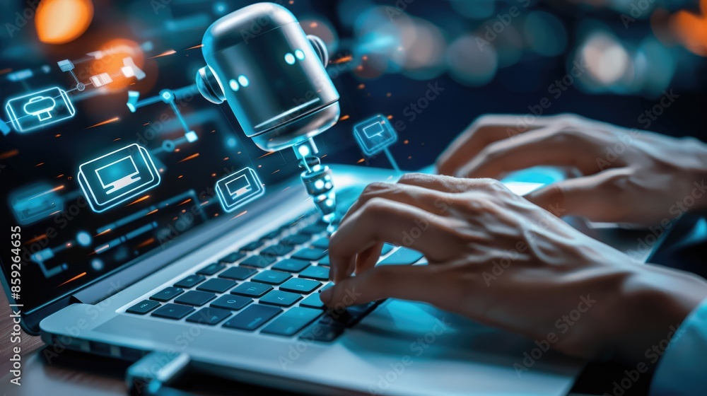 Poster human hands interacting with ai chatbots on a laptop screen to automate customer service and enhance