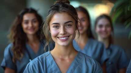Fototapeta premium A group of young nurses pose together, smiling in a hospital environment, showcasing teamwork, dedication, and professionalism in a well-lit and positive atmosphere.