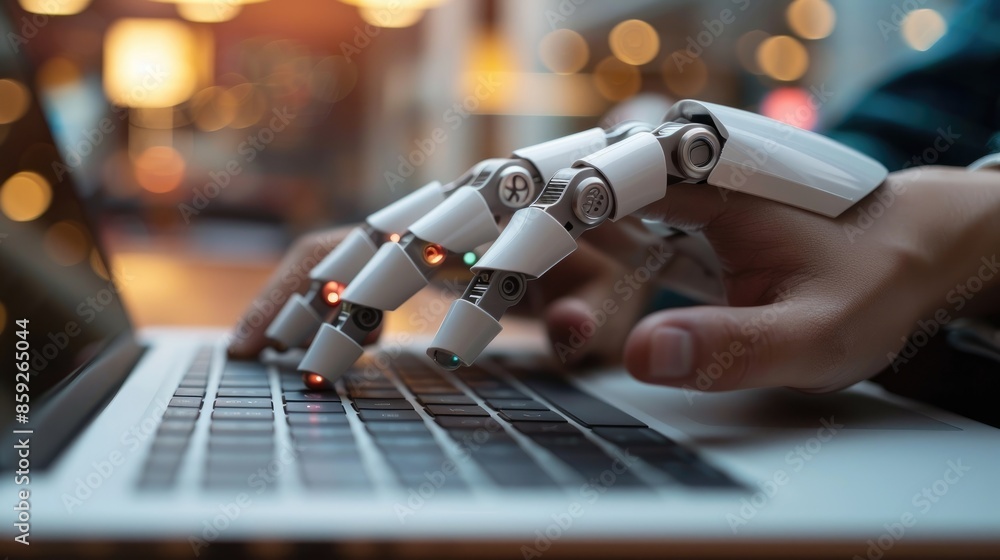 Poster hands of a financial analyst interacting with an ai chatbot on a laptop, seeking guidance for optimi