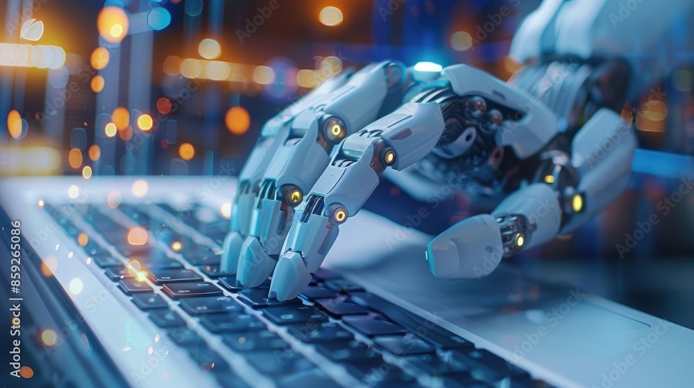 Poster hands on laptop keyboard as they exchange insights with ai characters, optimizing business performan