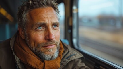 Obraz premium A mature man with grey hair wearing a brown coat and scarf gazes thoughtfully out a train window, his expression suggesting deep reflection in a tranquil travel setting.