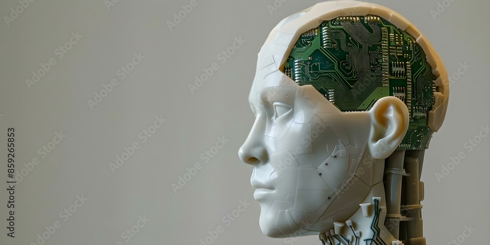 Poster mannequin head with visible computer chip under plastic symbolizing technology and innovation. conce