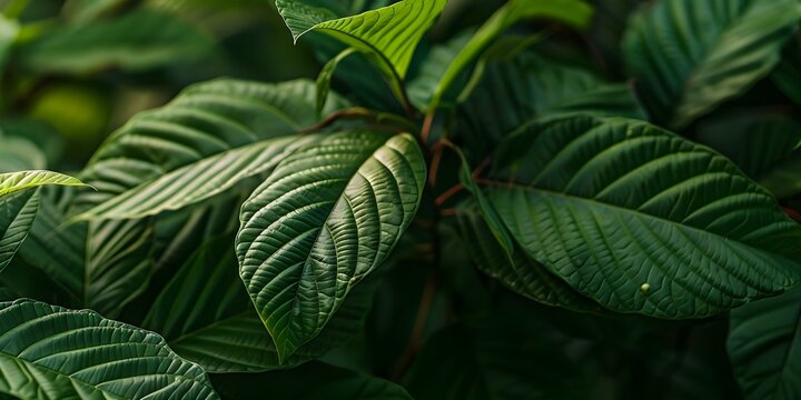 Closeup of dark green kratom leaves on a tree mitragyna speciosa. Concept Outdoor Photoshoot, Plants, Nature Photography, Botanical Garden, Herbal Medicine