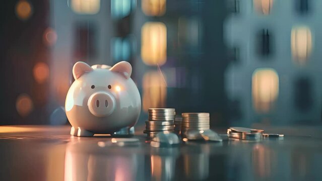 Piggy bank next to stacked coins and scattered coins on a reflective surface, with a blurred city background.