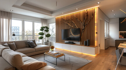 An interior design, a modern living room with a tall wood slat wall panel behind the sofa and tv unit, a dining table in front of it, white walls, warm lighting, wooden flooring. Generative AI.
