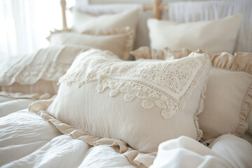Soft Ruffled Pillows on Bed with Sunlight
