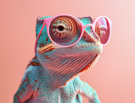 Colorful friendly adorable chameleon lizard, stylish pink and light blue colors with glasses posing on matching background, trendy and vibrant fashion accessory concept for beauty and art enthusiasts