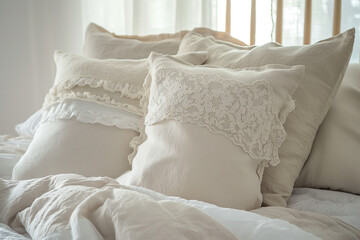 White Lace Pillows on Cozy Bed with Natural Light
