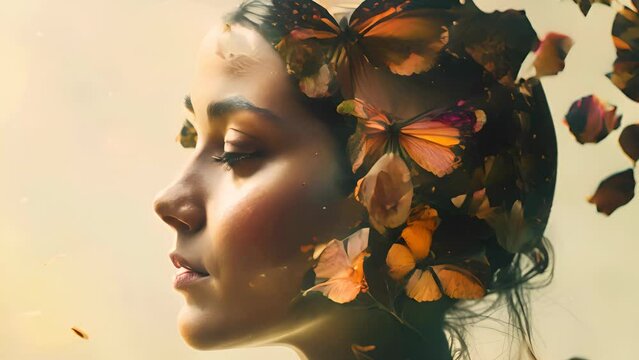 Surreal of a woman's profile blending with colorful butterflies, creating a dreamy and imaginative visual effect.