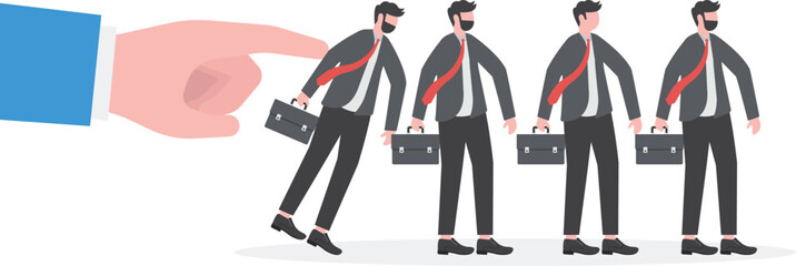 Dismissal, unemployment, layoffs, employment stress, index finger overturns row of businessmen standing on big hands.

