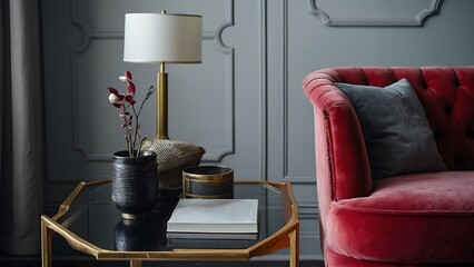 Close up of crimson velvet sofa with gray pillows. Modern living room, home shabby chic interior design.
