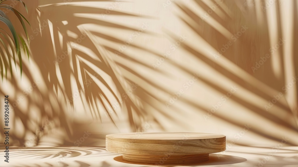 Poster empty wooden podium set against an abstract backdrop with palm leaf shadows geometric scene for prod