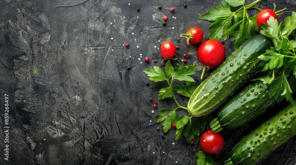 Aufkleber overhead view of cucumbers and vegetables with space for text
