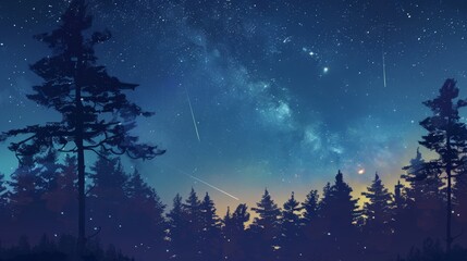 Naklejka premium Night sky over forest with starry sky and shooting stars, celestial spectacle and natural beauty concept